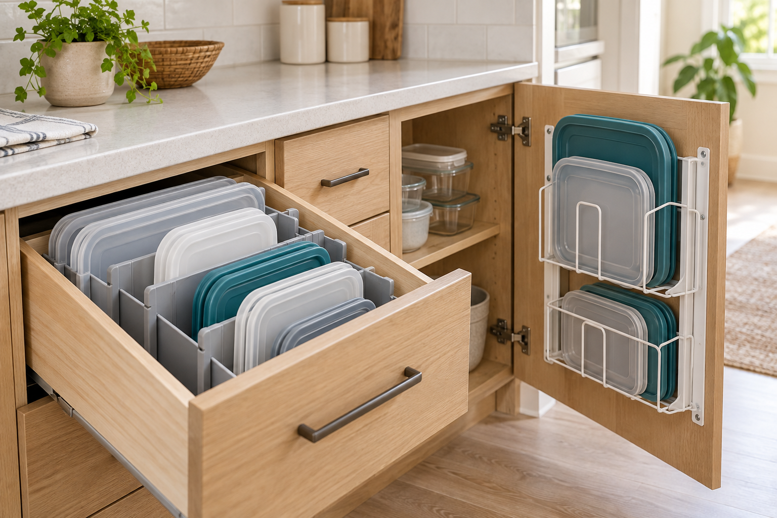 Food-container lids stored upright in adjustable drawer dividers beside lids held in racks mounted inside a cabinet door
