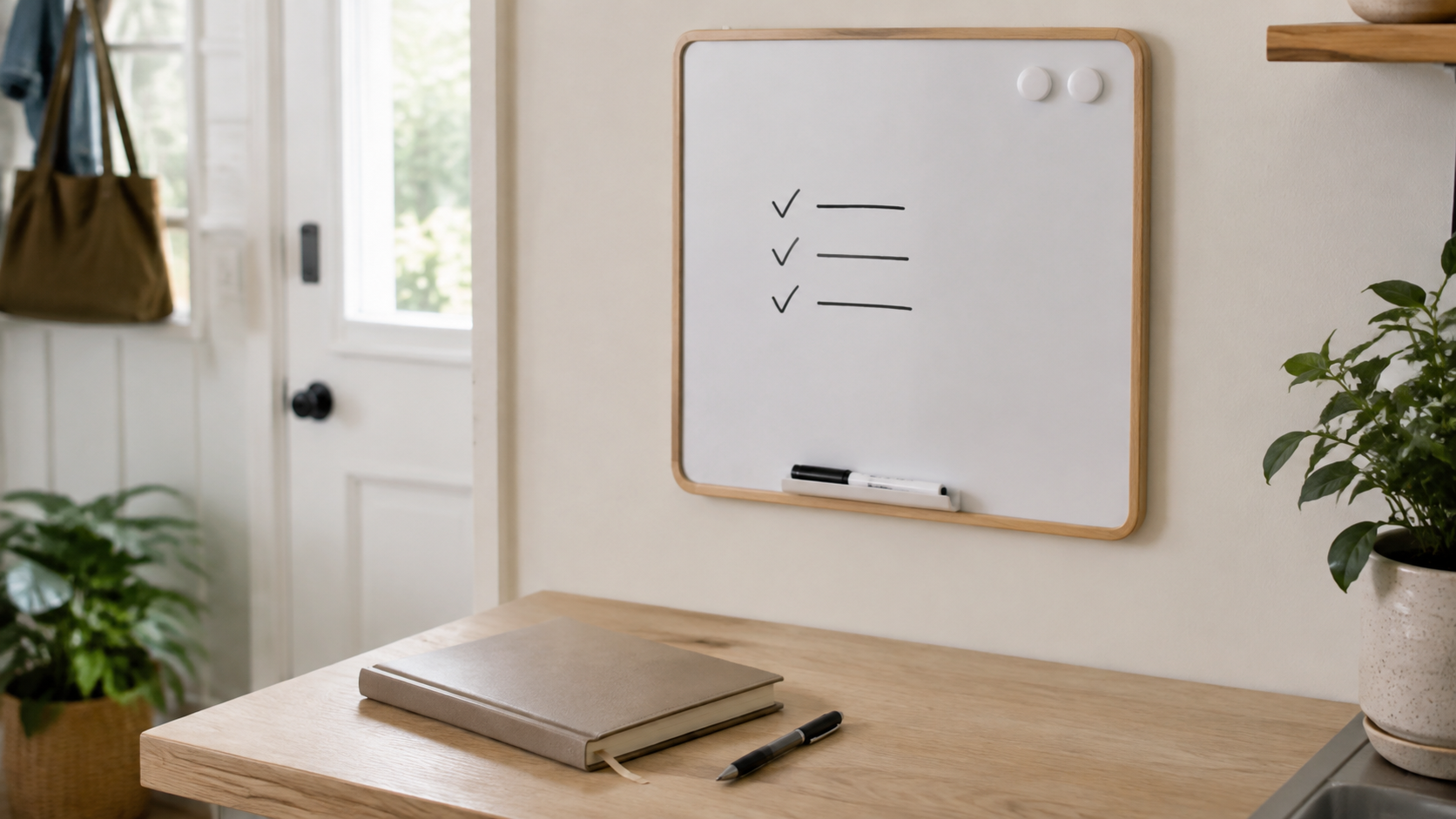 Small wall-mounted dry-erase board with a simple checklist above a closed neutral paper planner and pen on a light wood counter