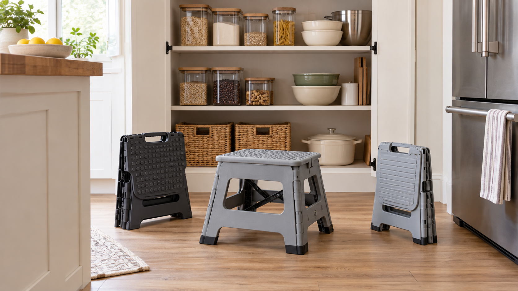 Two folded consumer step stools and one open step stool with a broad textured platform on a clear, dry kitchen floor in front of pantry shelves