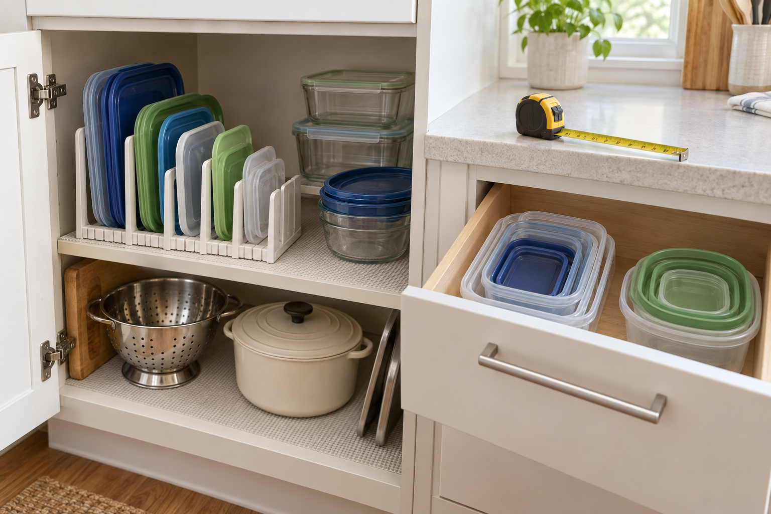 Food-container lids sorted upright in an adjustable cabinet rack beside nested containers in a drawer, with a tape measure ready for checking the storage space