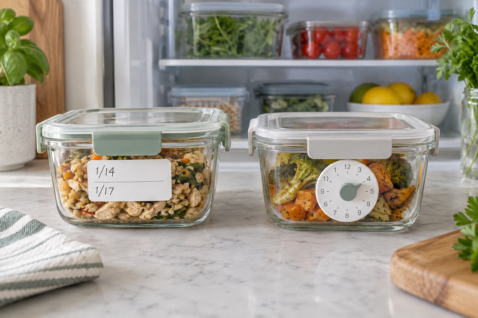 Two clear leftover containers showing a removable handwritten date label and a reusable circular date dial in a bright kitchen