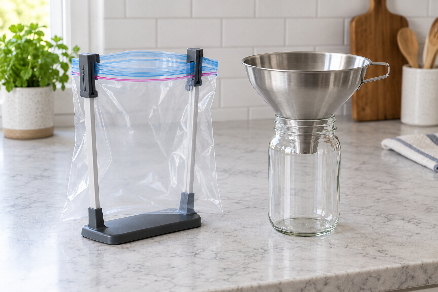 Unbranded adjustable holder supporting an open empty freezer bag beside a wide-mouth stainless-steel funnel seated in an empty glass jar