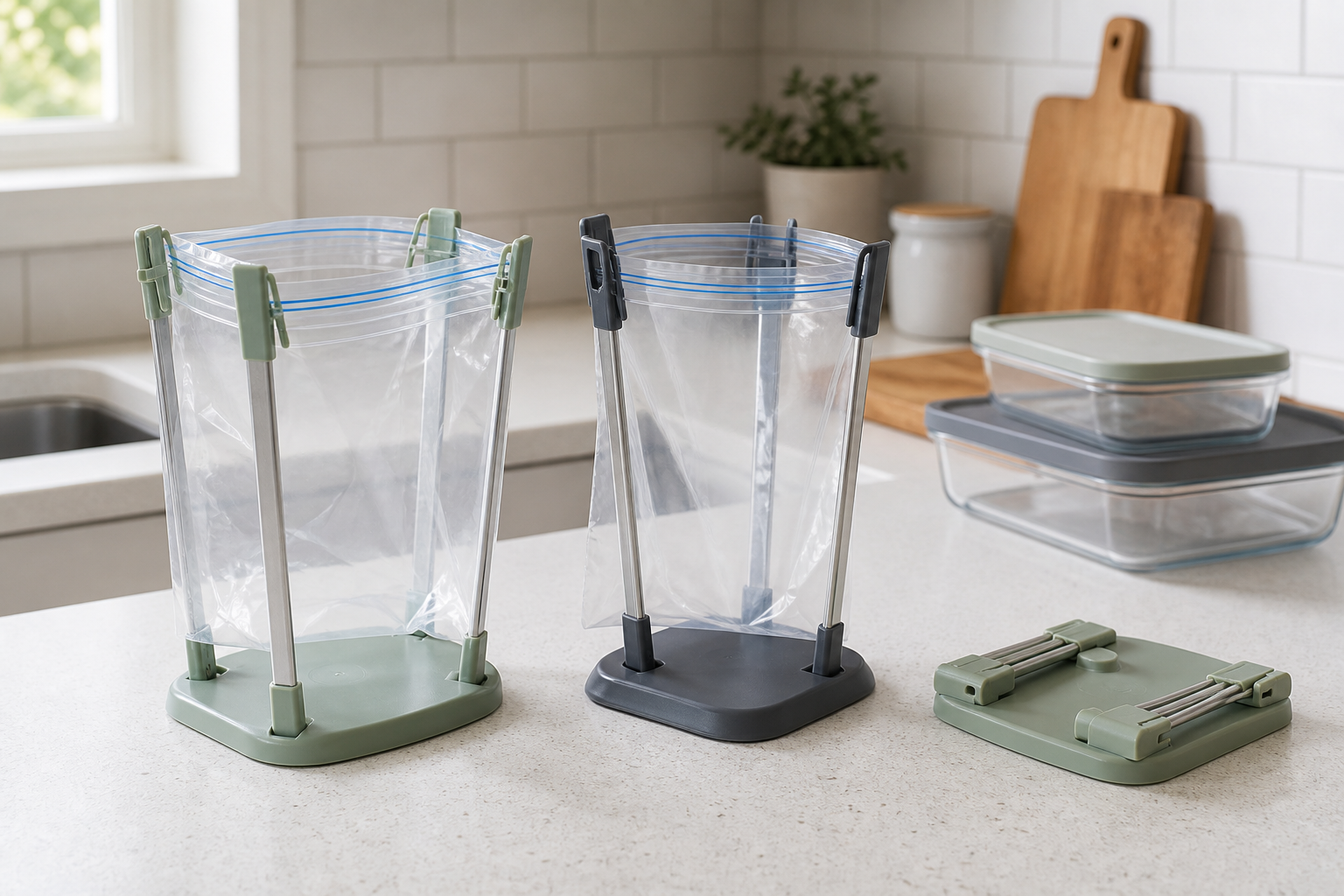 Two adjustable freezer bag holders supporting open empty food-storage bags on a kitchen counter, with one holder folded flat