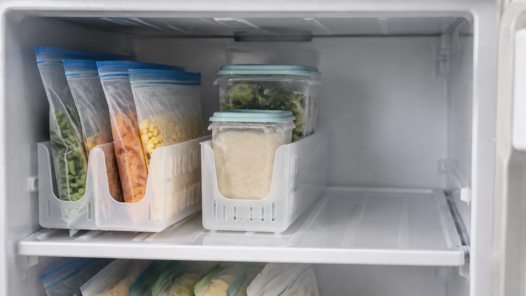 Two open freezer organizers holding upright reusable freezer bags and food containers beside clear shelf space
