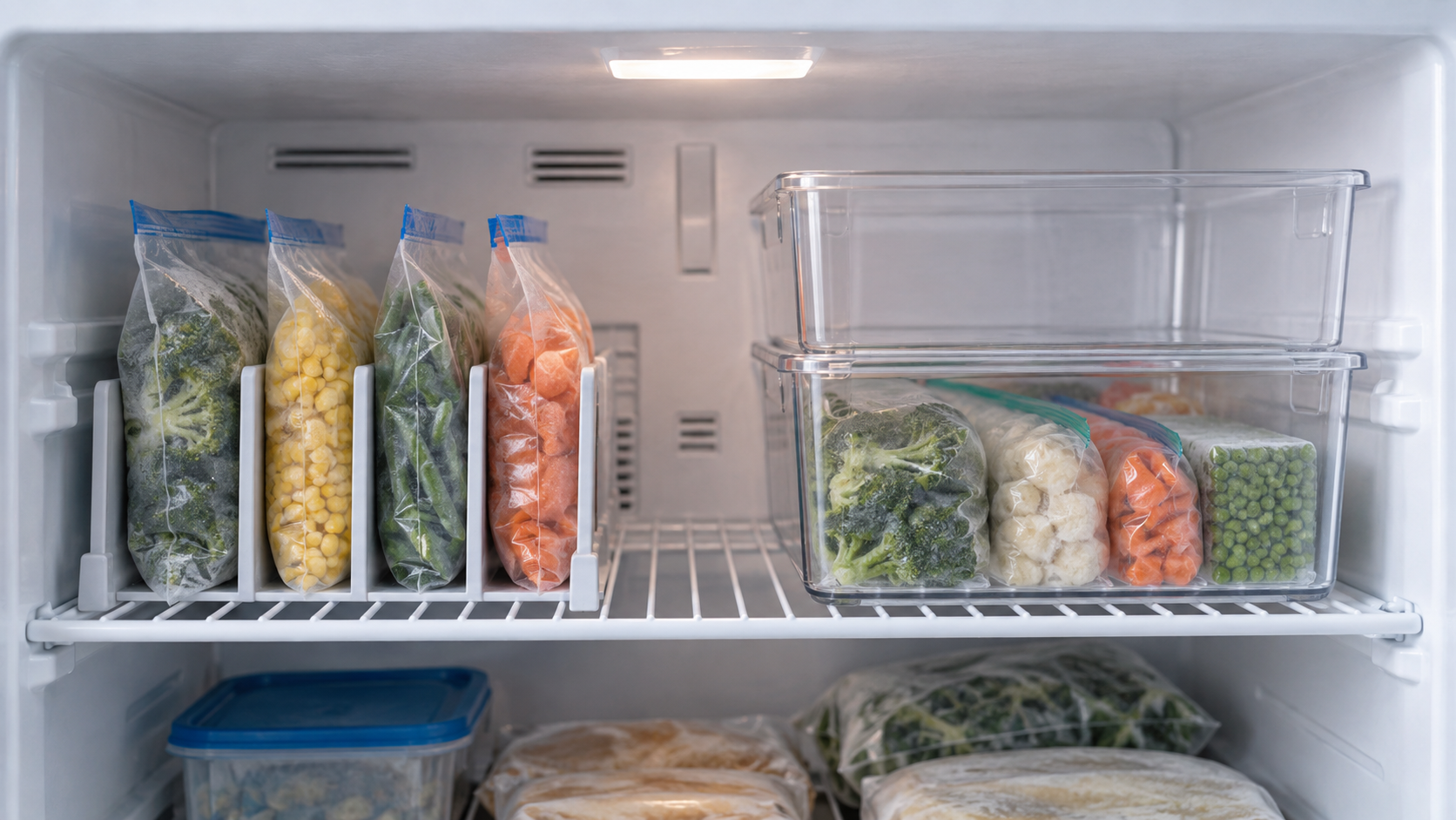 Upright unbranded freezer bags held in separate shelf lanes beside two clear stackable freezer bins in a compact freezer