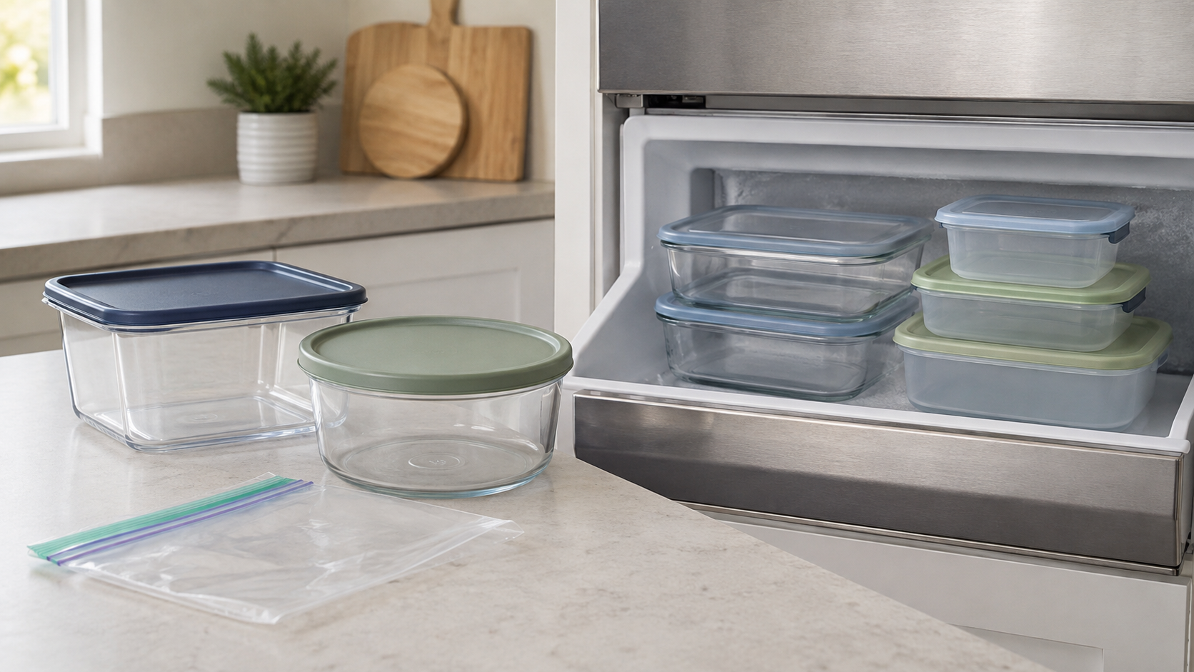 Reusable glass and plastic containers beside an open freezer, with a reusable freezer bag showing different batch-cooking storage options