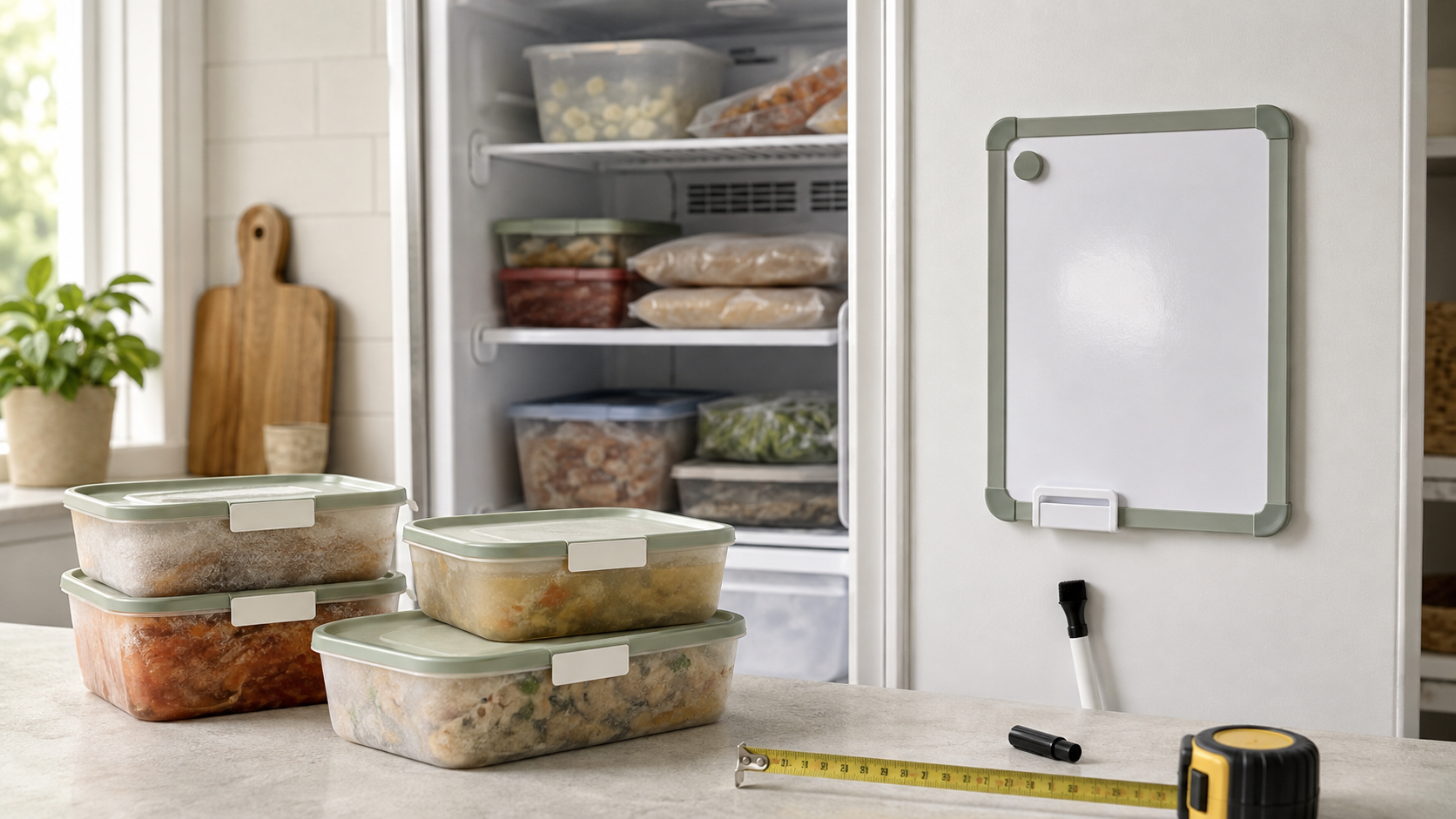 Four reusable freezer containers with blank removable labels beside an open upright freezer and a blank magnetic inventory board on its door