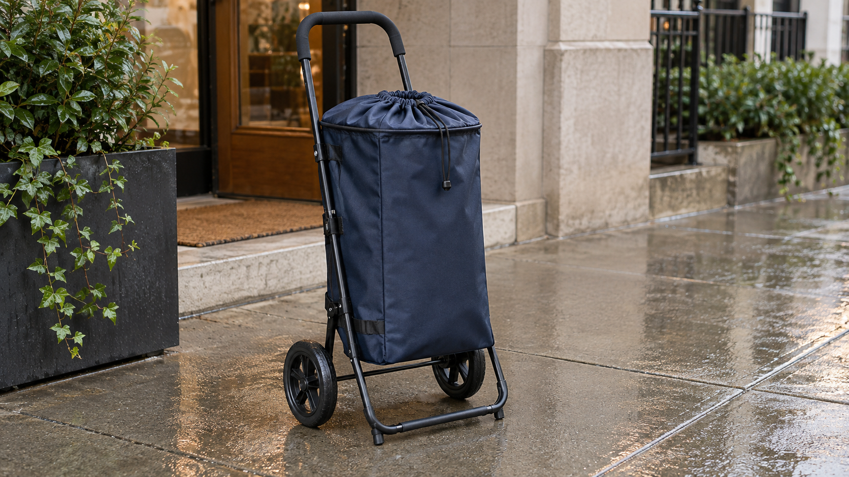 Two-wheel folding grocery cart fitted with a navy removable drawstring liner on a wet sidewalk outside an apartment entrance