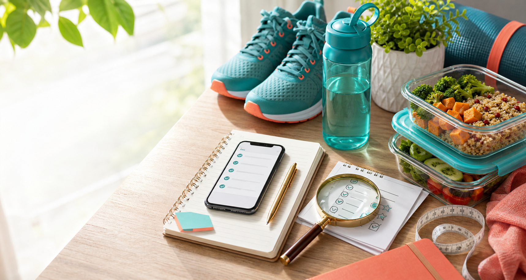 Walking shoes, a water bottle, meal-prep containers, and routine notes arranged for cautious weight-loss habit research