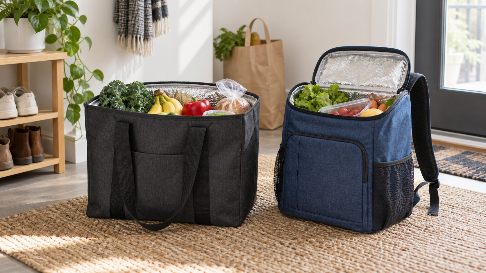 An open charcoal insulated grocery tote and blue cooler backpack holding ordinary groceries in a bright apartment entryway