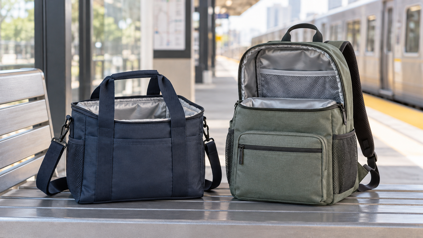 Unbranded navy insulated lunch tote beside a sage insulated lunch backpack on a transit-platform bench