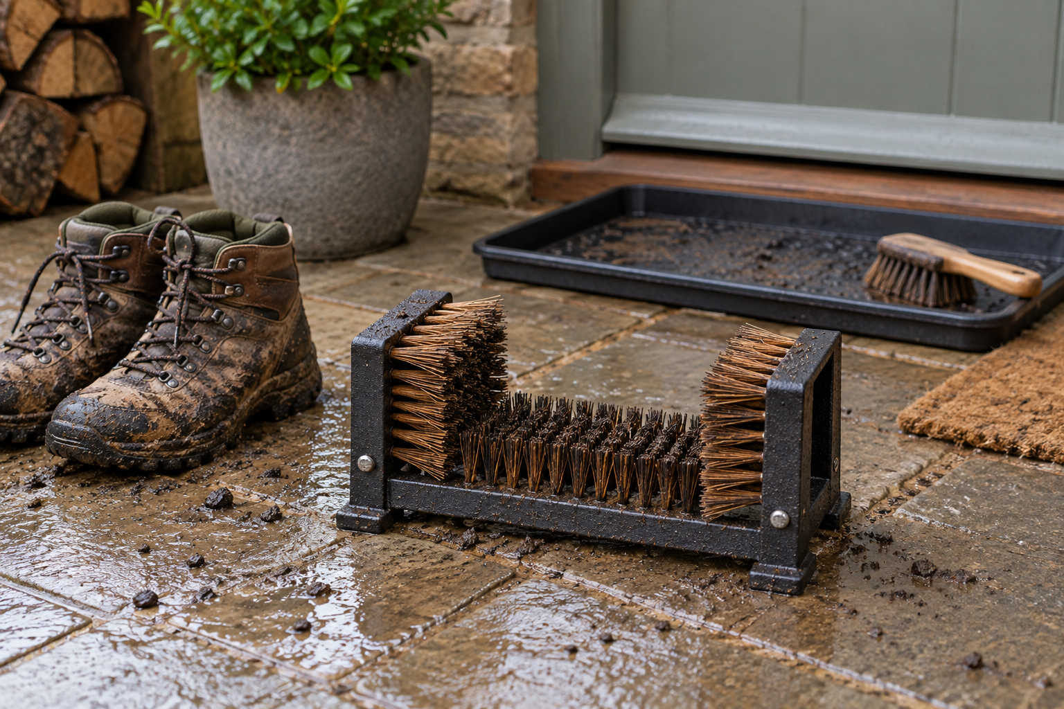 Freestanding boot scraper with side and base bristles beside muddy walking boots, a boot tray, and a hand brush on a covered stone entryway