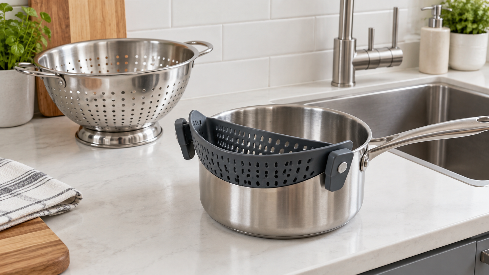 Unbranded dark gray clip-on colander attached to an empty saucepan beside a full-size metal colander and compact kitchen sink