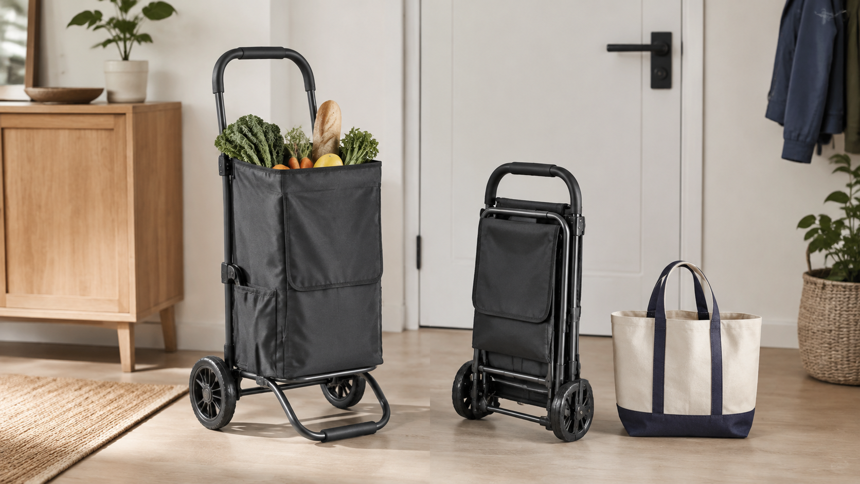 Black compact grocery cart shown open with a modest grocery load and folded beside a canvas reusable tote in an apartment entryway