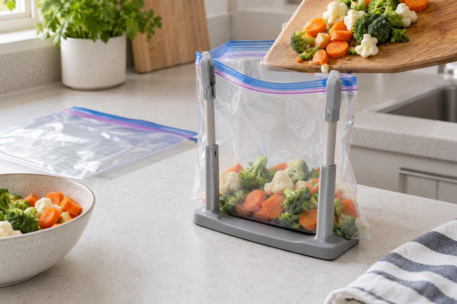 Adjustable countertop stand holding a freezer bag open while chopped vegetables are transferred into it beside a bowl and an empty bag