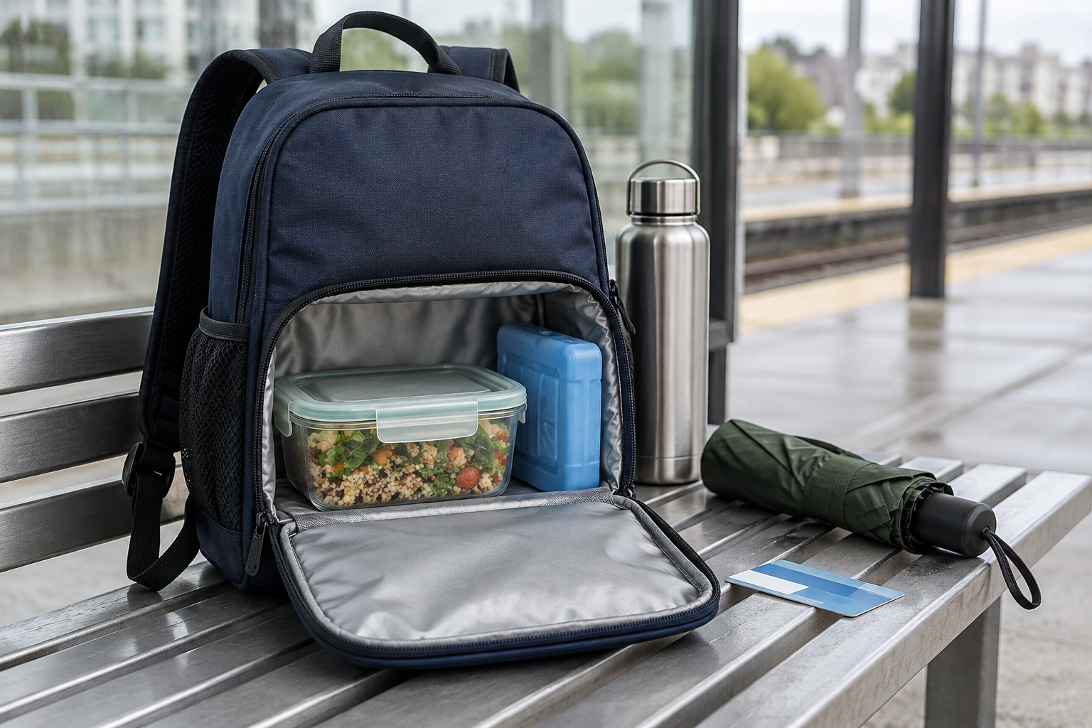 Open navy insulated lunch backpack holding a meal container and cold pack on a train-platform bench beside a bottle, umbrella, and transit card