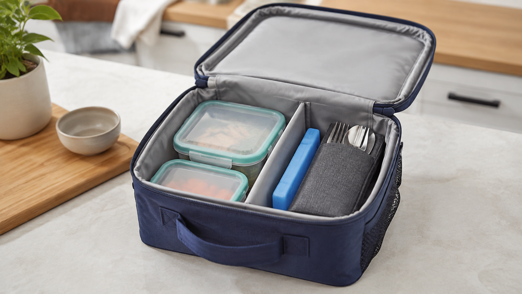 Open navy insulated lunch bag with a removable gray divider separating two reusable containers from a slim ice pack and utensil pouch