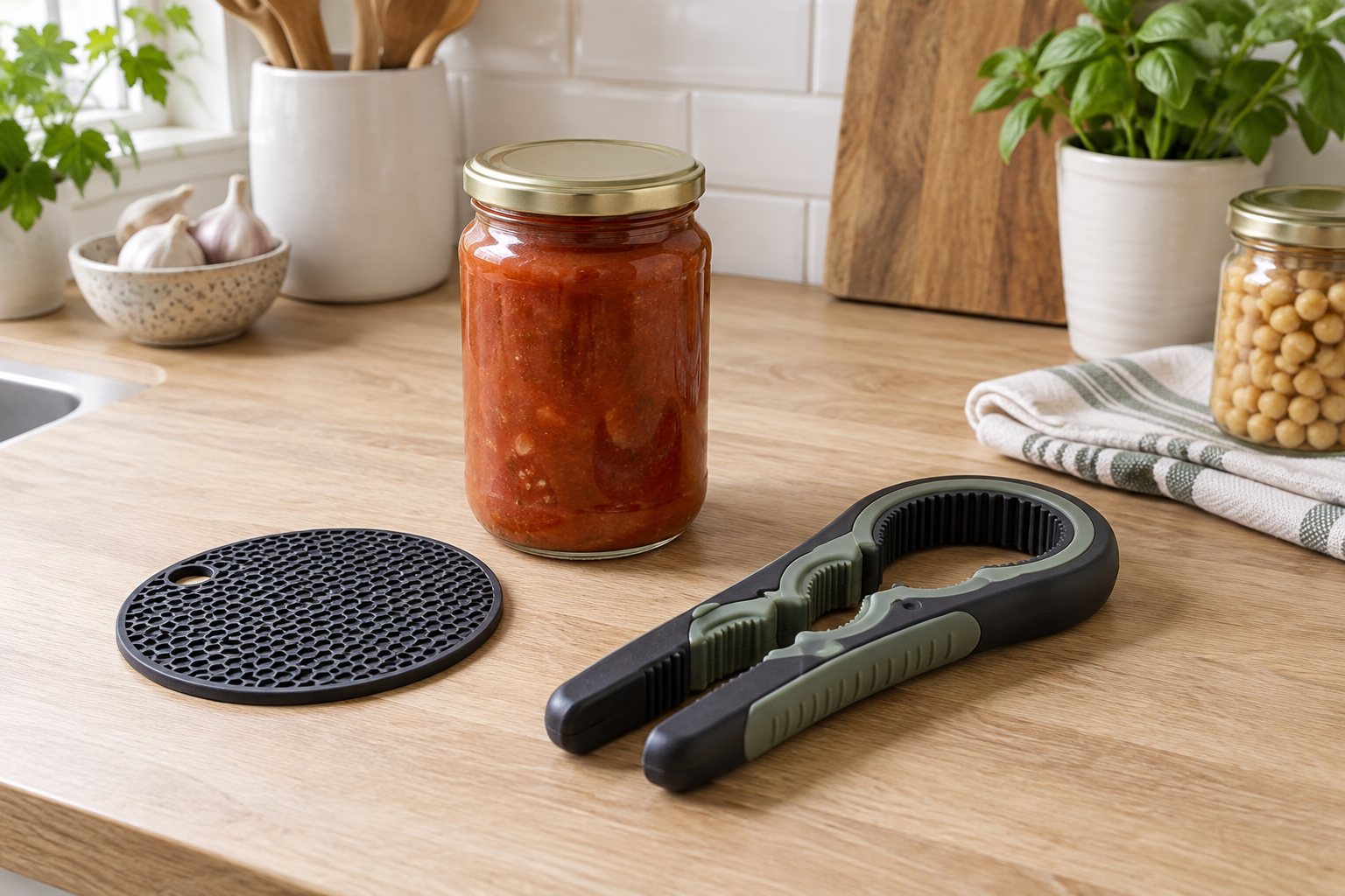 Adjustable manual jar opener and round rubber grip pad beside two closed pantry jars on a bright kitchen counter
