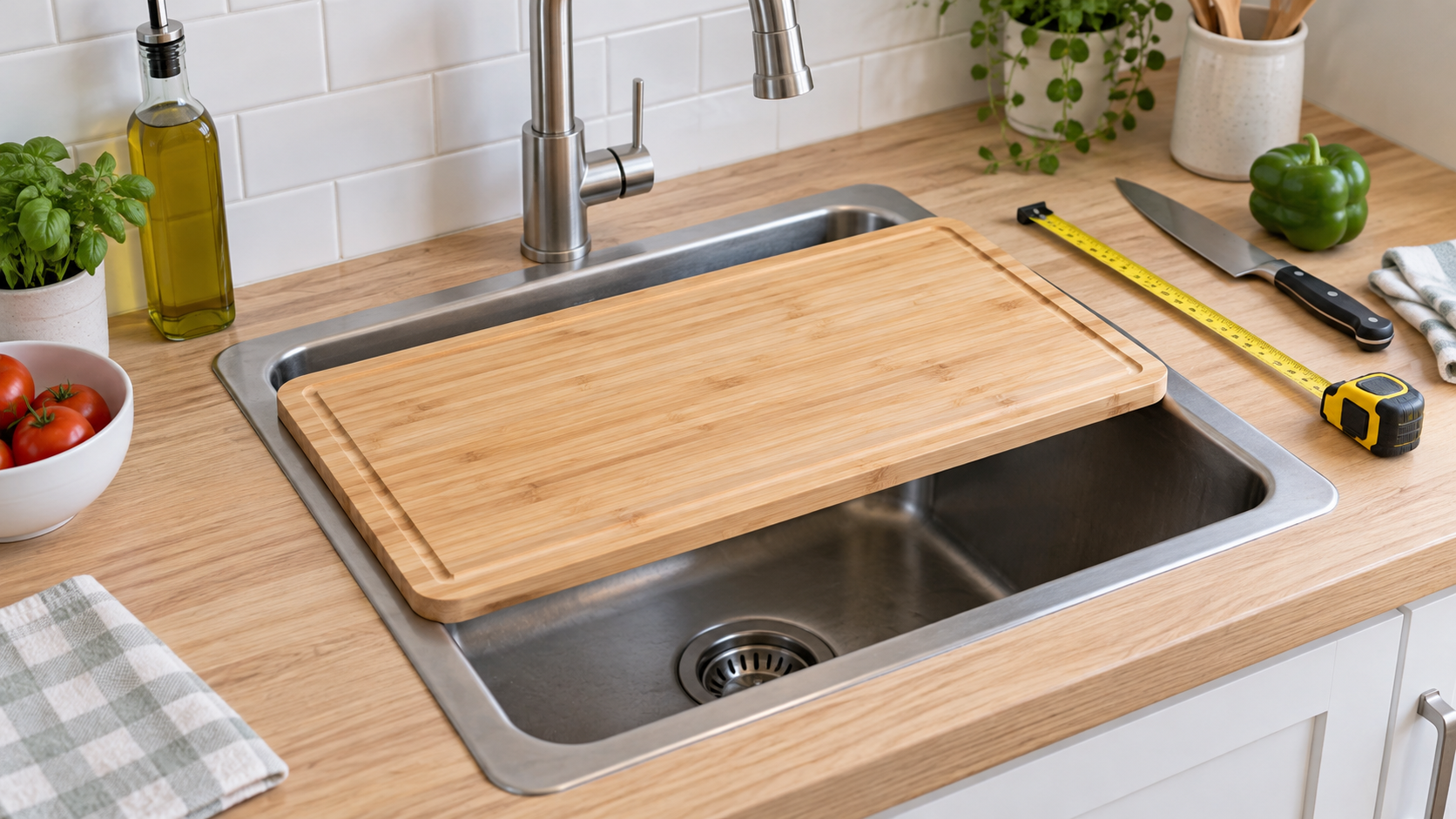 Unbranded wood cutting board resting across both rims of a compact stainless-steel sink beside a tape measure, with the faucet and open basin visible