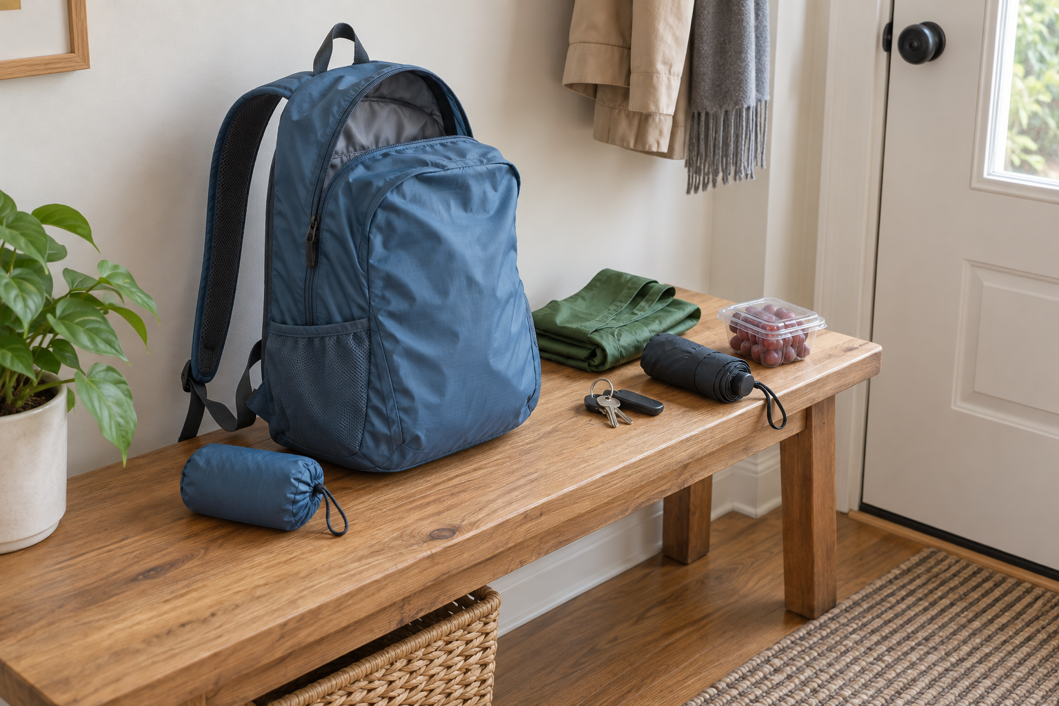 An unbranded blue lightweight daypack beside its small stuff pouch, keys, a folded bag, compact umbrella, and a small grocery container on an entryway bench