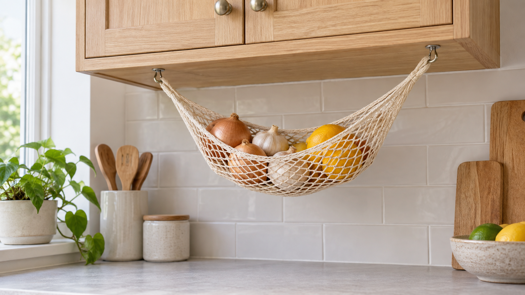A cream mesh produce hammock holding onions, garlic, and citrus beneath a wood cabinet in a compact kitchen