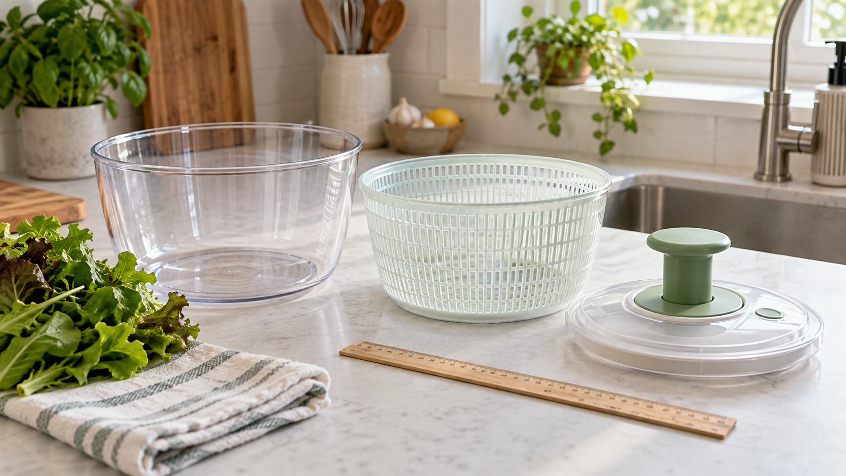 Unbranded manual salad spinner with clear bowl, perforated basket, and pump lid separated beside leafy greens, a folded towel, and a wooden ruler on a small kitchen counter