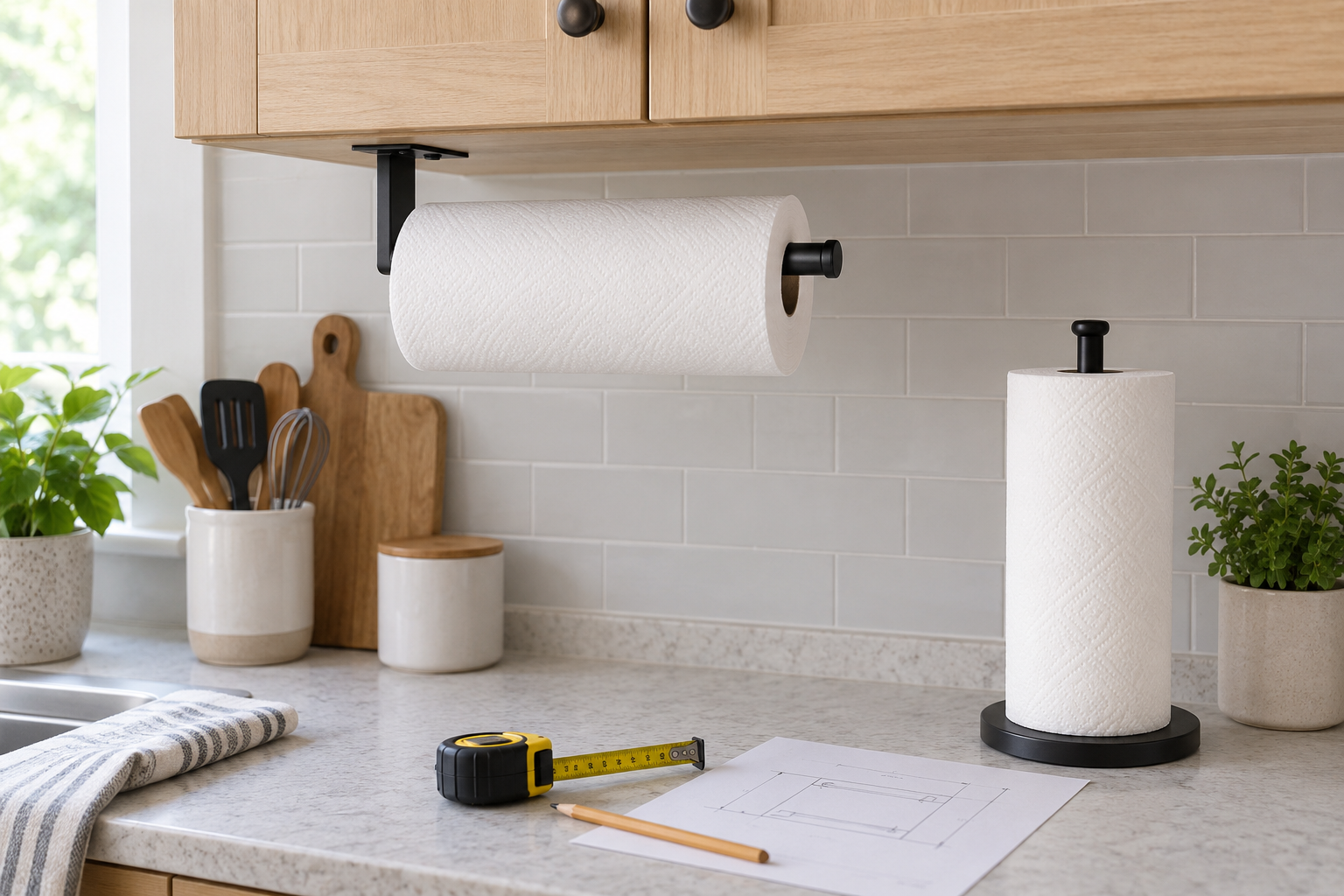 Black under-cabinet paper towel holder and freestanding alternative in a compact kitchen with a tape measure and placement sketch