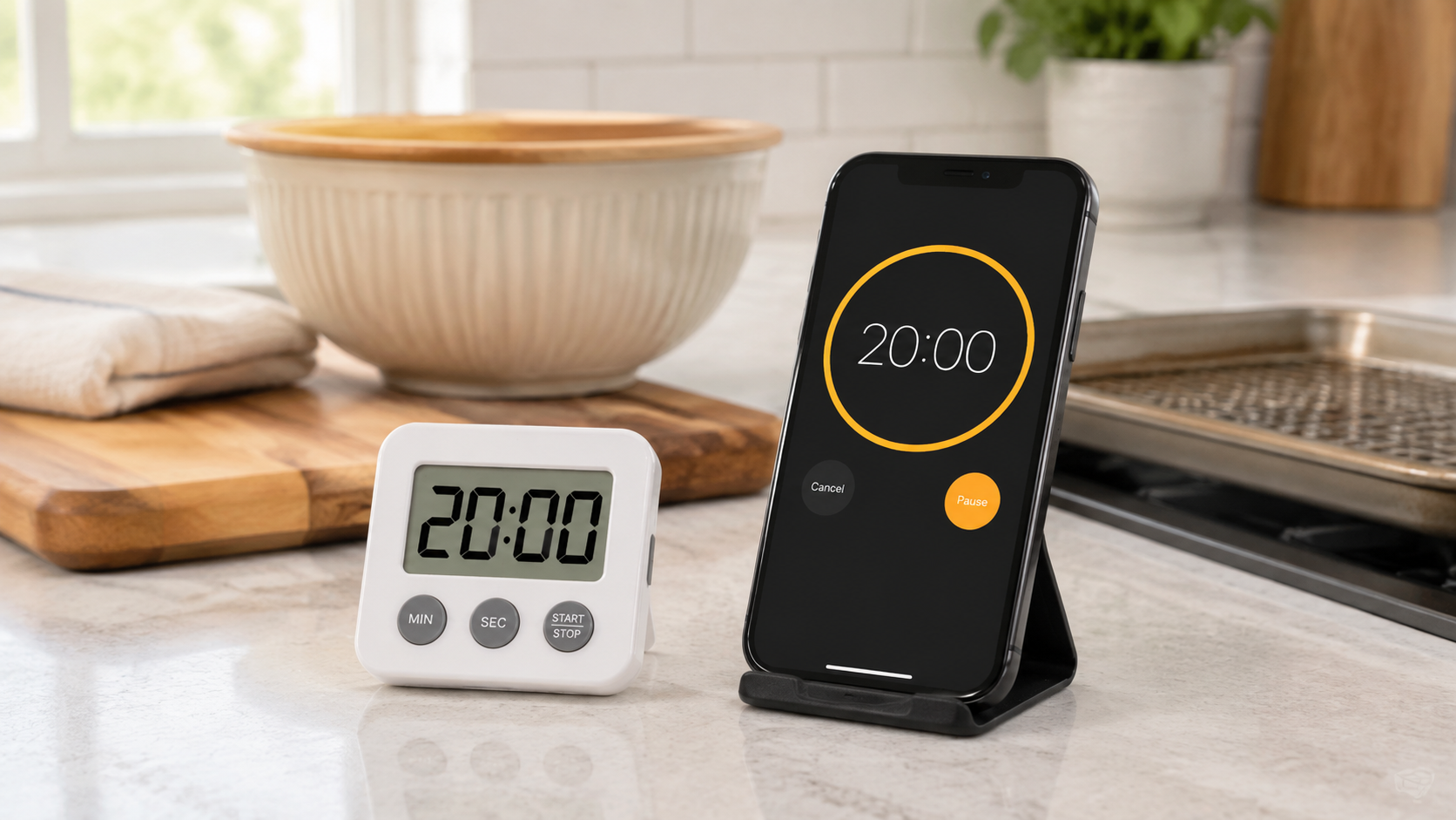 Digital kitchen timer and smartphone countdown timer beside a cutting board, mixing bowl, and sheet pan