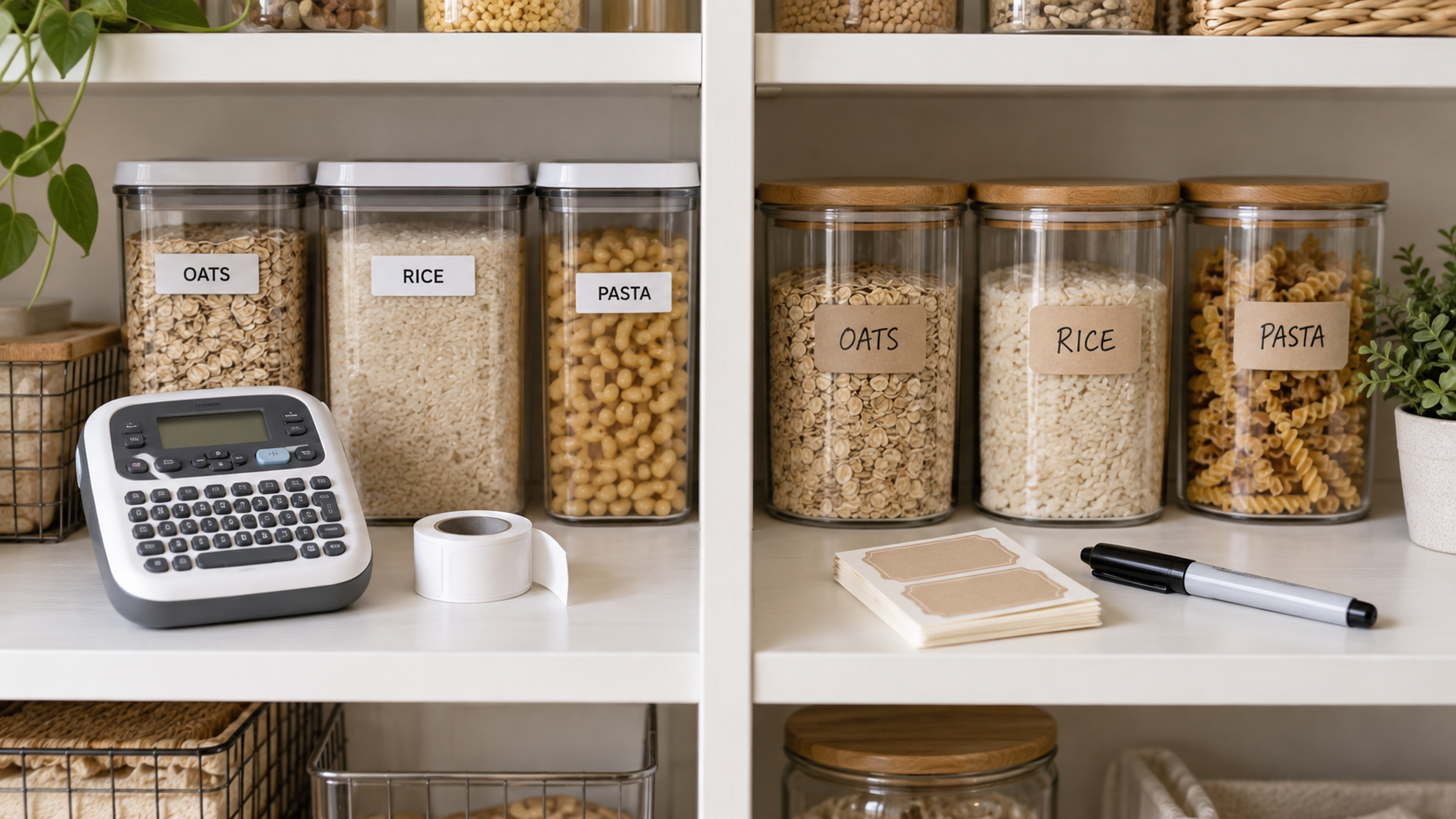 Shared pantry comparing neat printed labels and a compact label maker with handwritten removable labels and a marker