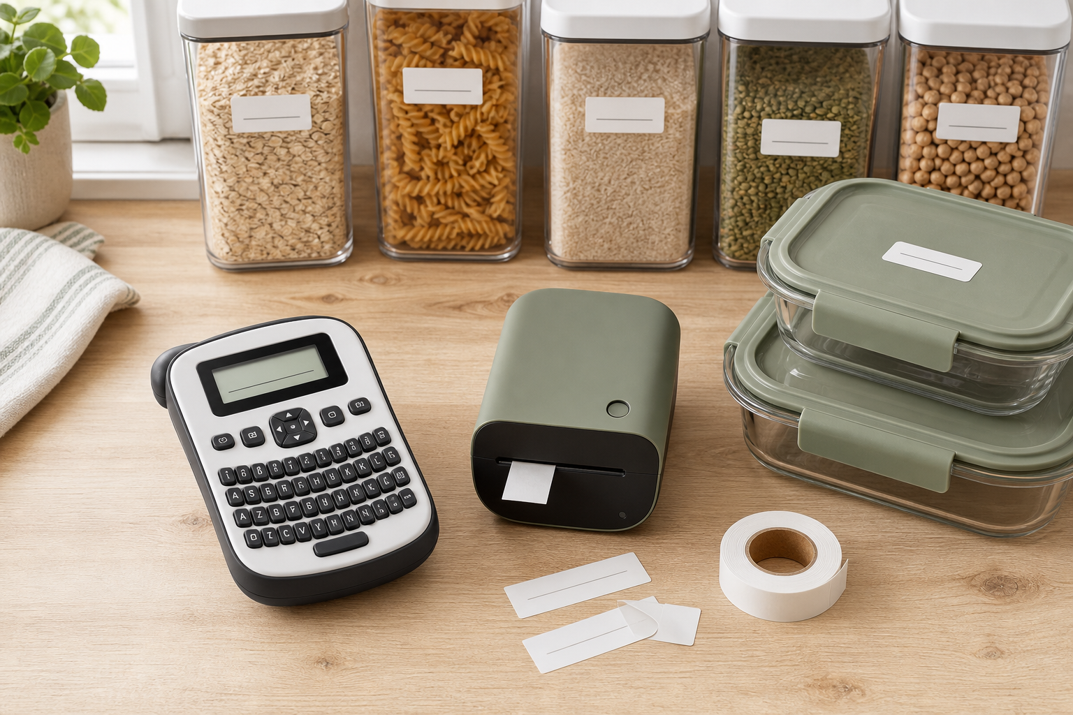 Unbranded handheld keyboard and compact app-connected label makers beside labeled pantry bins and reusable meal-prep containers
