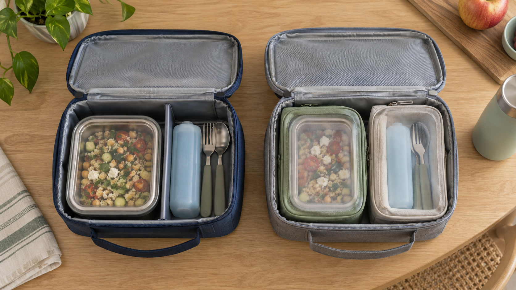 Overhead view of two open lunch bags, one organized with a central divider and the other with two separate reusable pouches