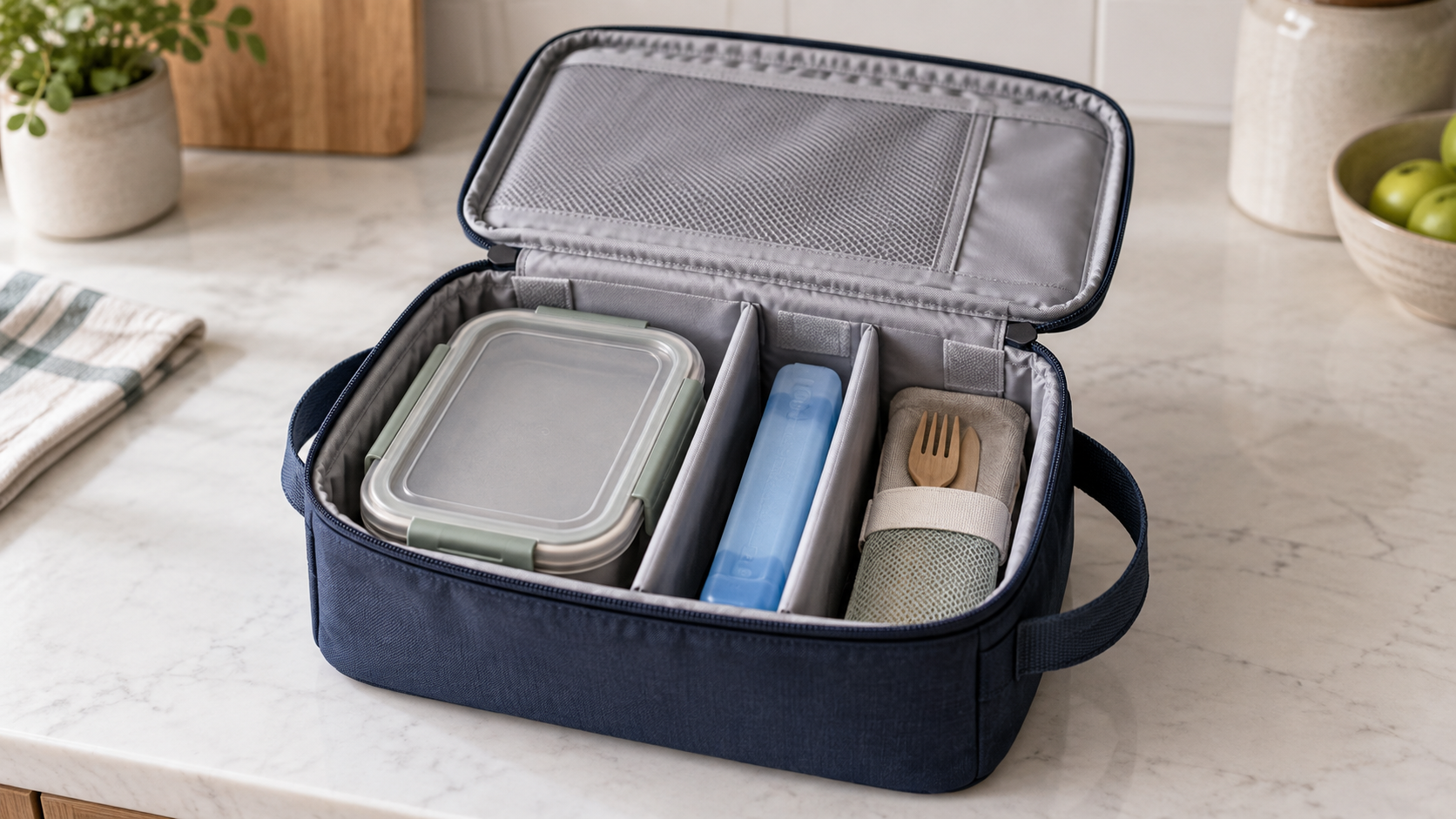 Open insulated lunch bag with removable dividers separating a closed meal container, slim cold pack, and utensil pouch