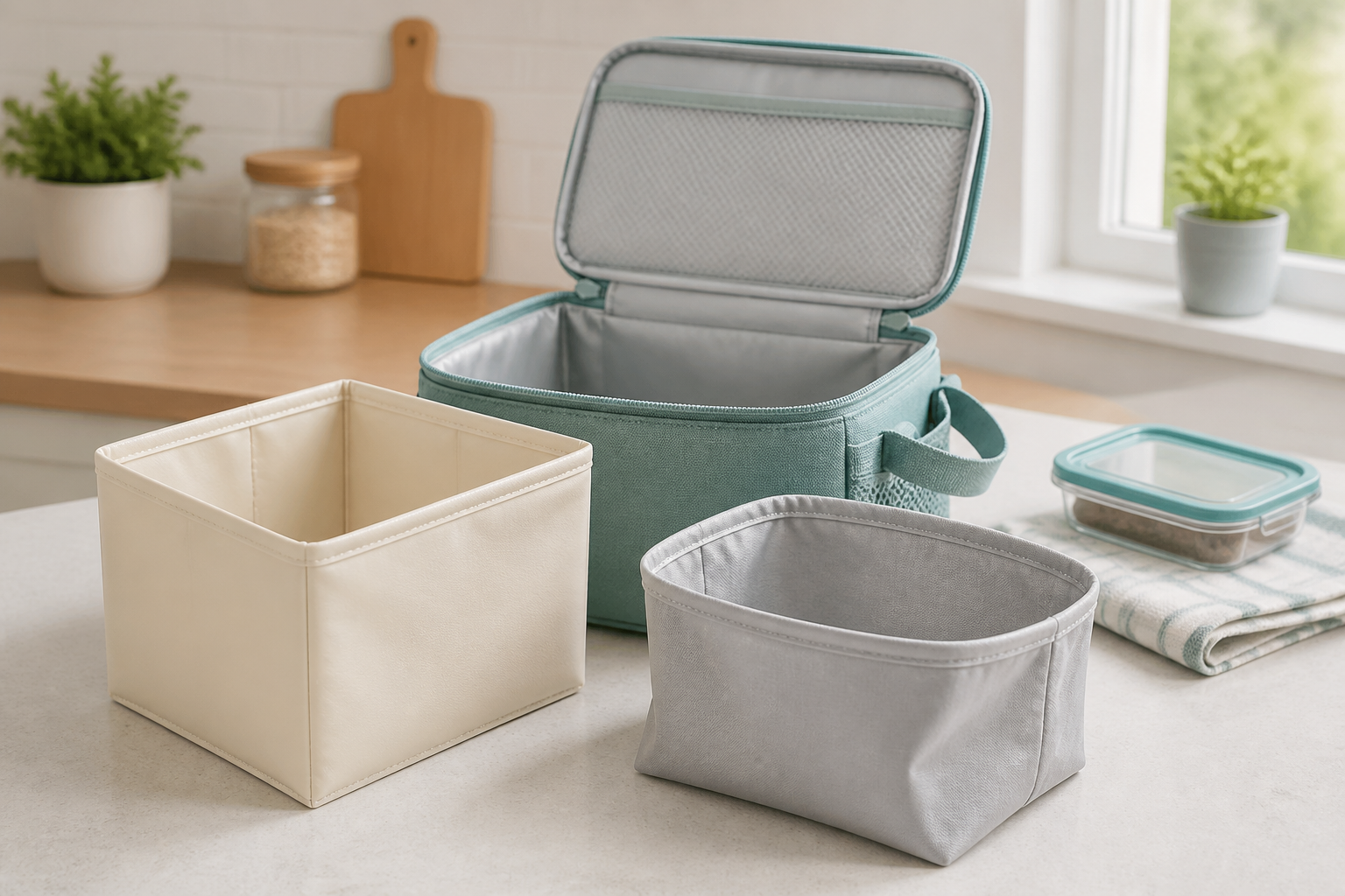 A structured wipe-clean liner and a flexible washable liner beside an open unbranded insulated lunch bag