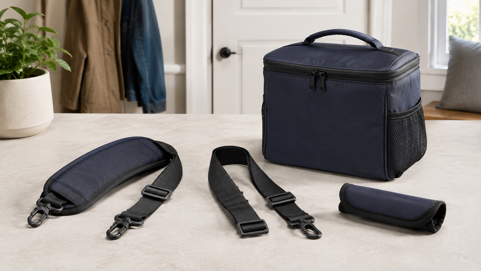 Generic padded and webbing replacement shoulder straps and a removable handle wrap beside an unbranded insulated lunch bag
