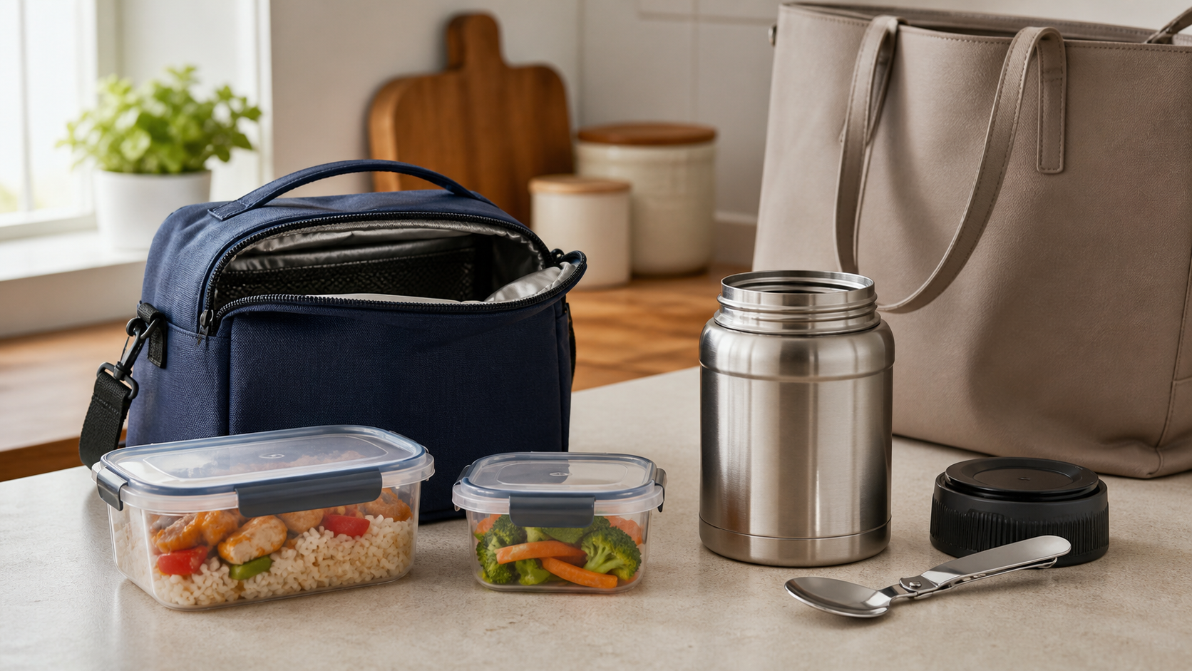An unbranded insulated lunch bag with two sealed food containers beside an open stainless-steel insulated food jar, lid, and spoon