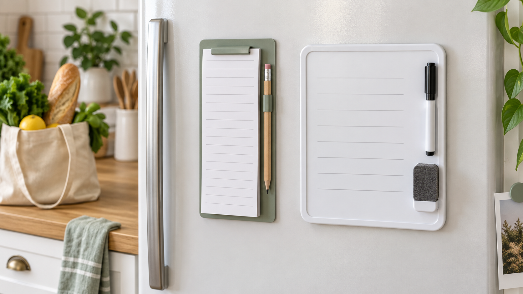 An unbranded magnetic tear-off grocery notepad with pencil beside a magnetic dry-erase list board with marker and eraser on a refrigerator