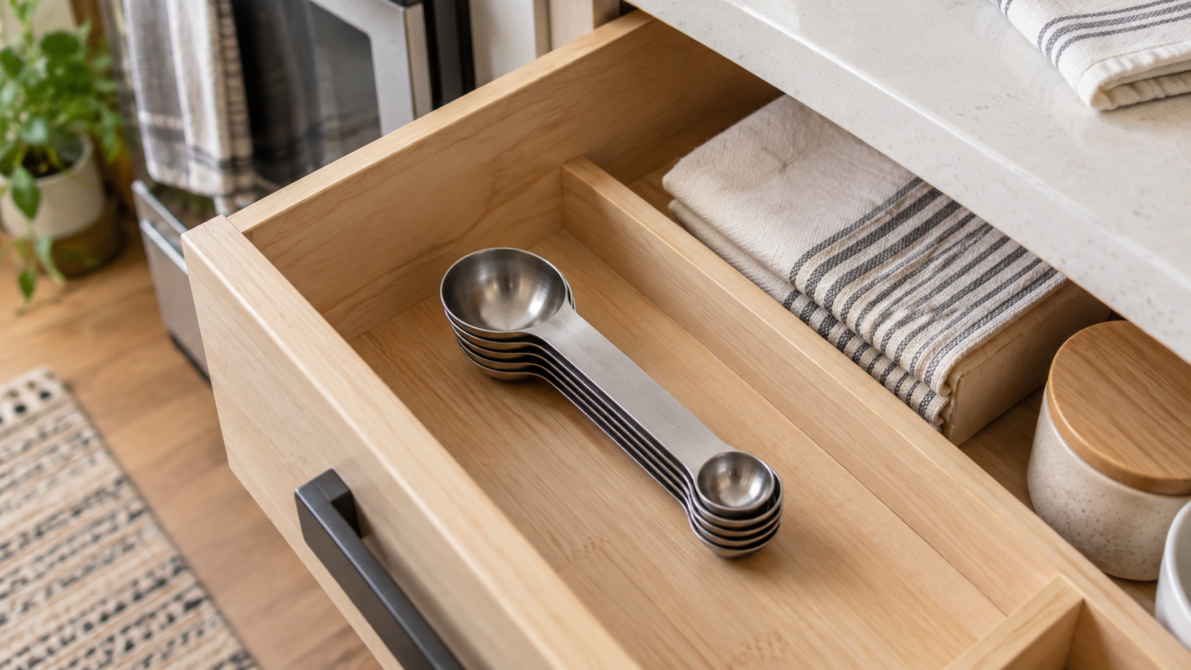 A nested set of unbranded stainless-steel measuring spoons lying flat in a shallow light-wood kitchen drawer