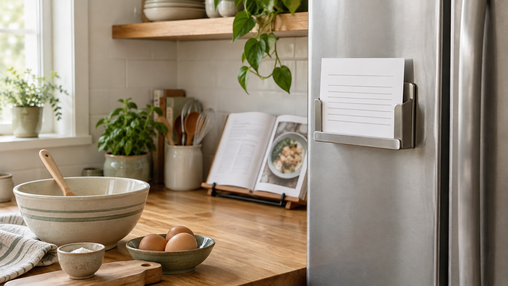 Unbranded magnetic recipe-card holder mounted on the side of a refrigerator beside a compact kitchen counter, mixing bowl, and cookbook stand