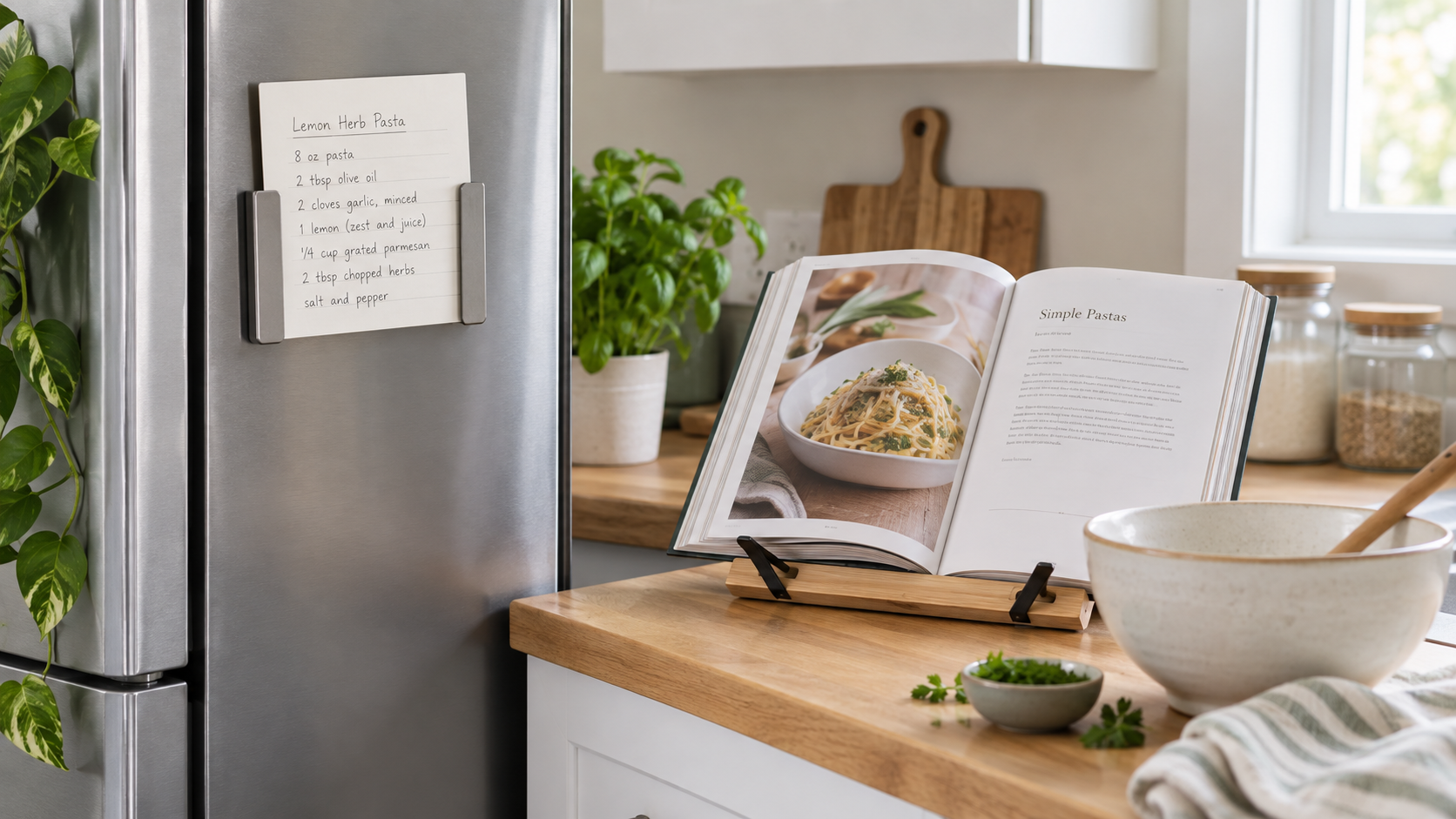Unbranded magnetic recipe-card holder on a refrigerator beside an open cookbook on a freestanding wood counter stand