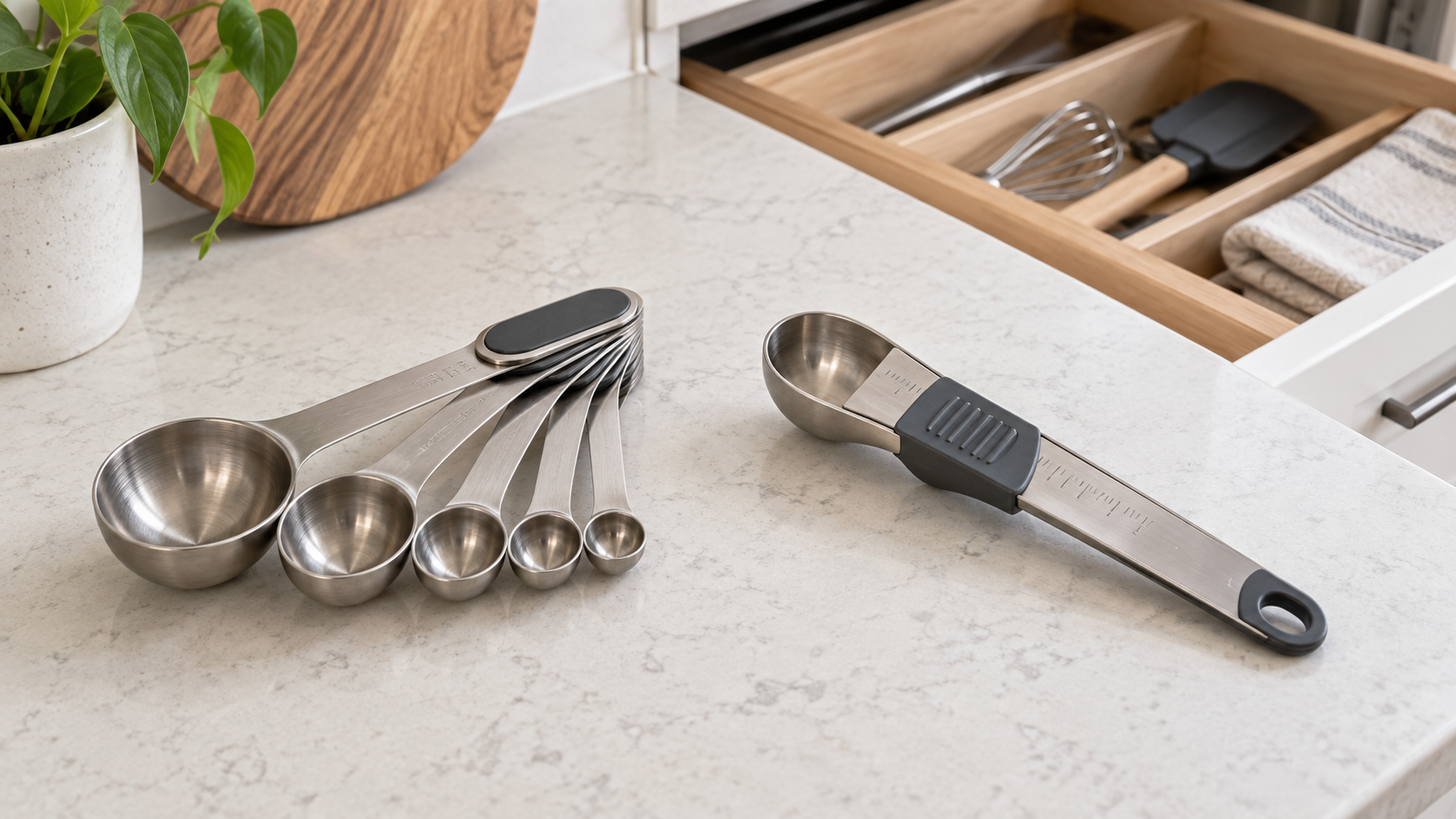 Nested stainless-steel measuring spoons beside one adjustable measuring spoon on a kitchen counter with a shallow drawer behind them