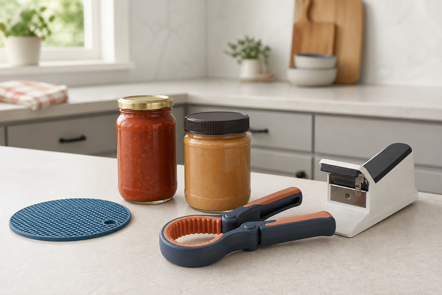 A rubber grip pad, handheld clamp opener, and mounted-style manual opener beside two closed pantry jars
