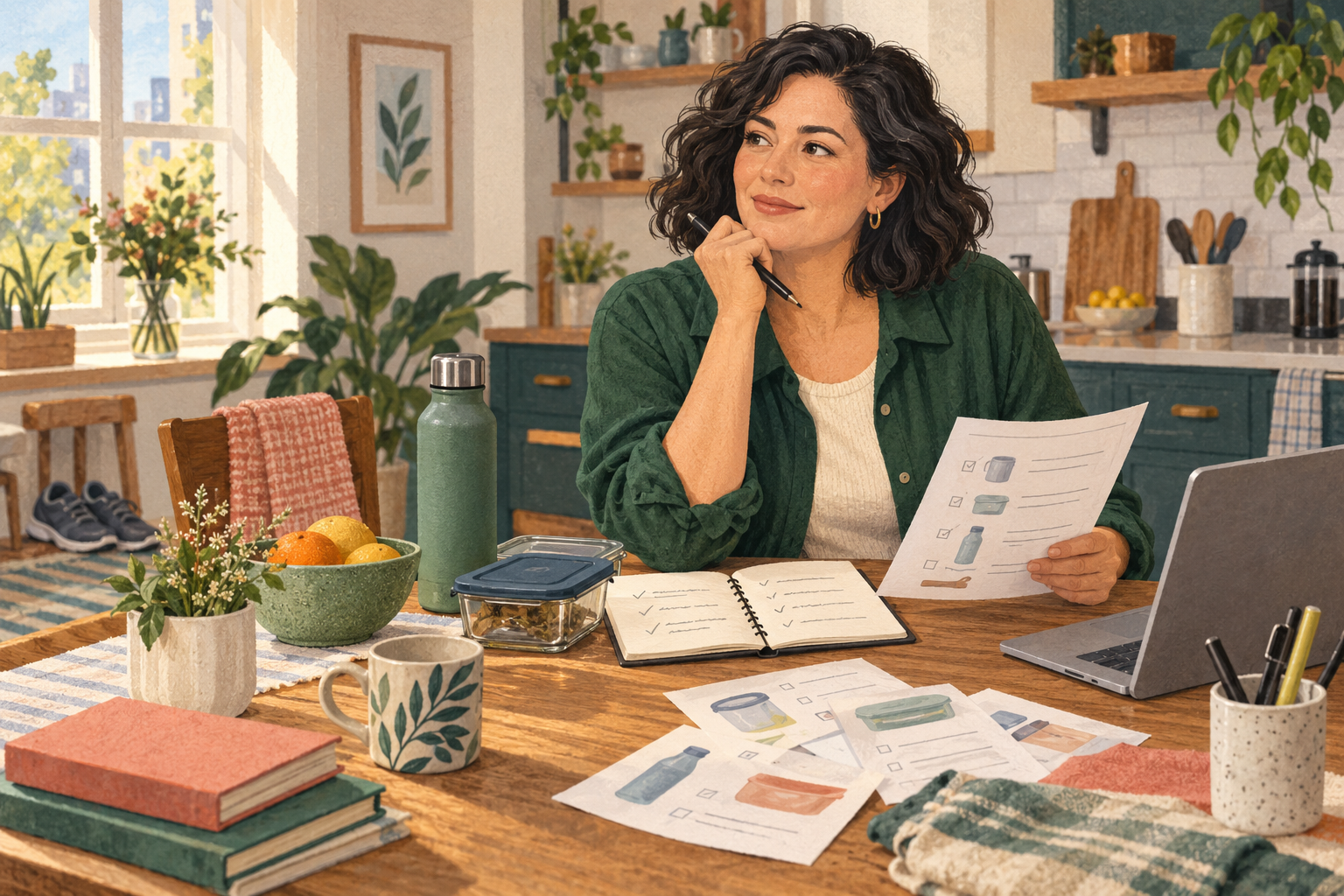 Editorial illustration of fictional GoodWeighFinds editor Mara Bell reviewing containers and notes at a sunny kitchen table