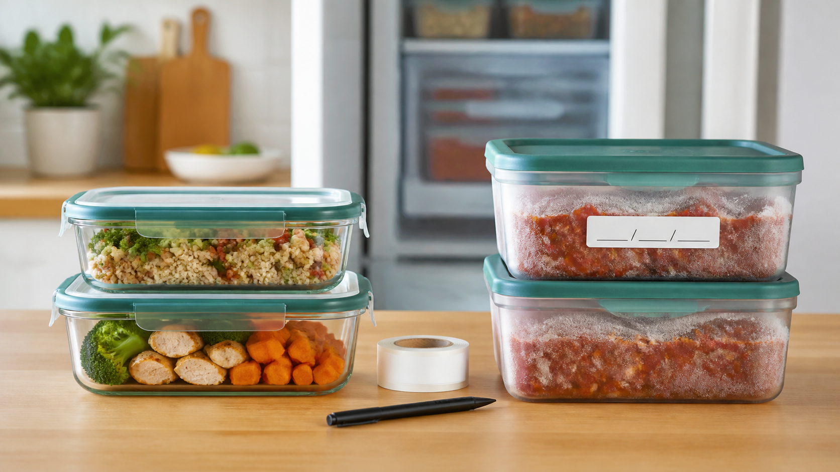 Shallow grab-and-go meal prep containers beside deeper labeled freezer containers on a kitchen counter