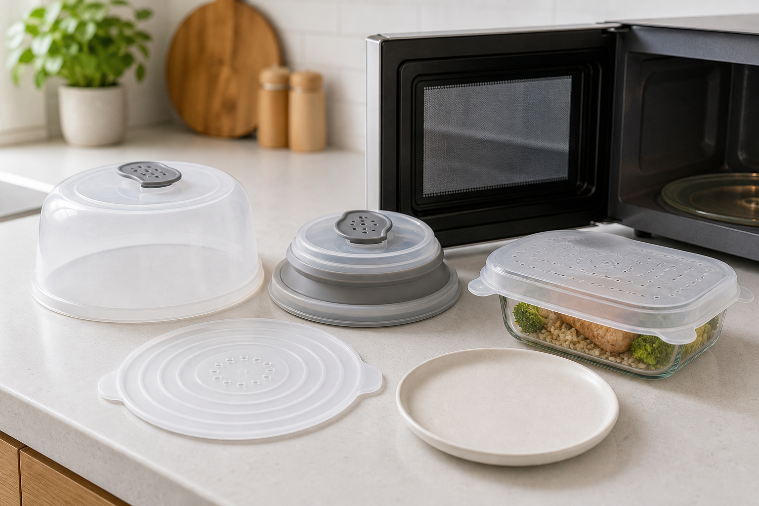 Rigid domed, collapsible, and flat unbranded microwave food covers arranged beside an open microwave and a meal-prep dish