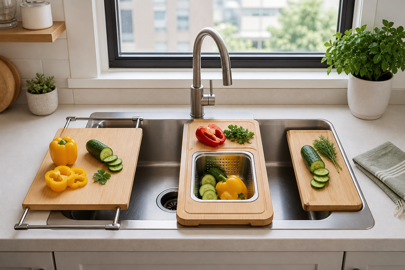 Three unbranded over-the-sink cutting-board formats, including an extending board and a board with a removable colander, across a small-kitchen sink