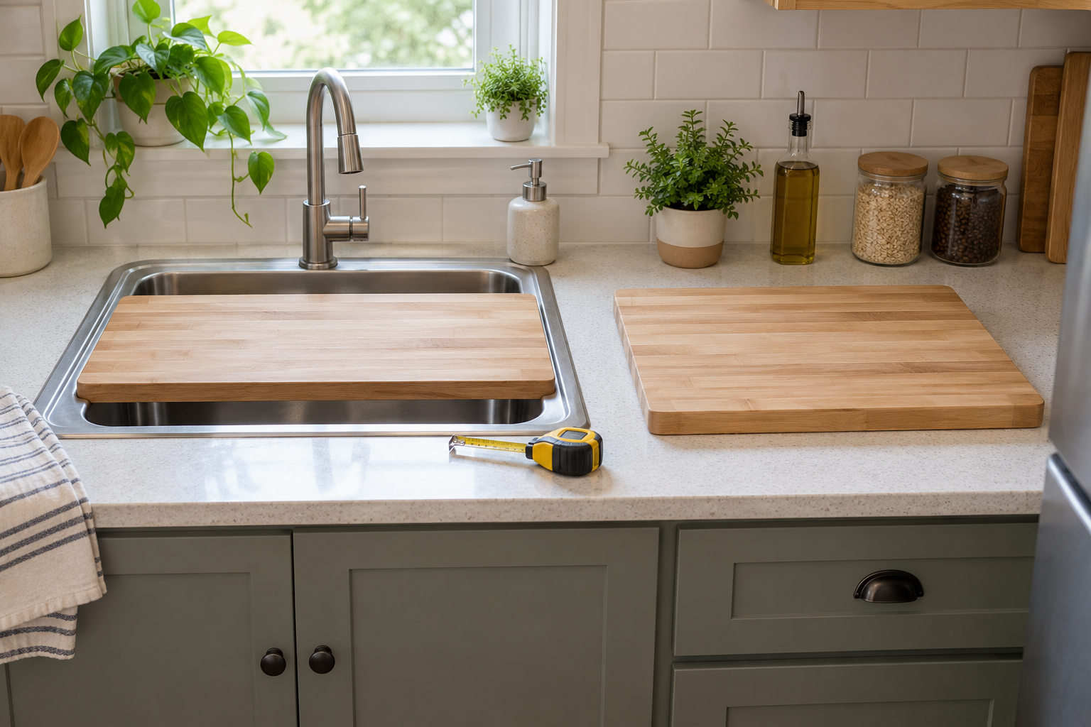 An unbranded wood cutting board supported across a stainless-steel sink beside a standard wood cutting board resting on a compact kitchen counter