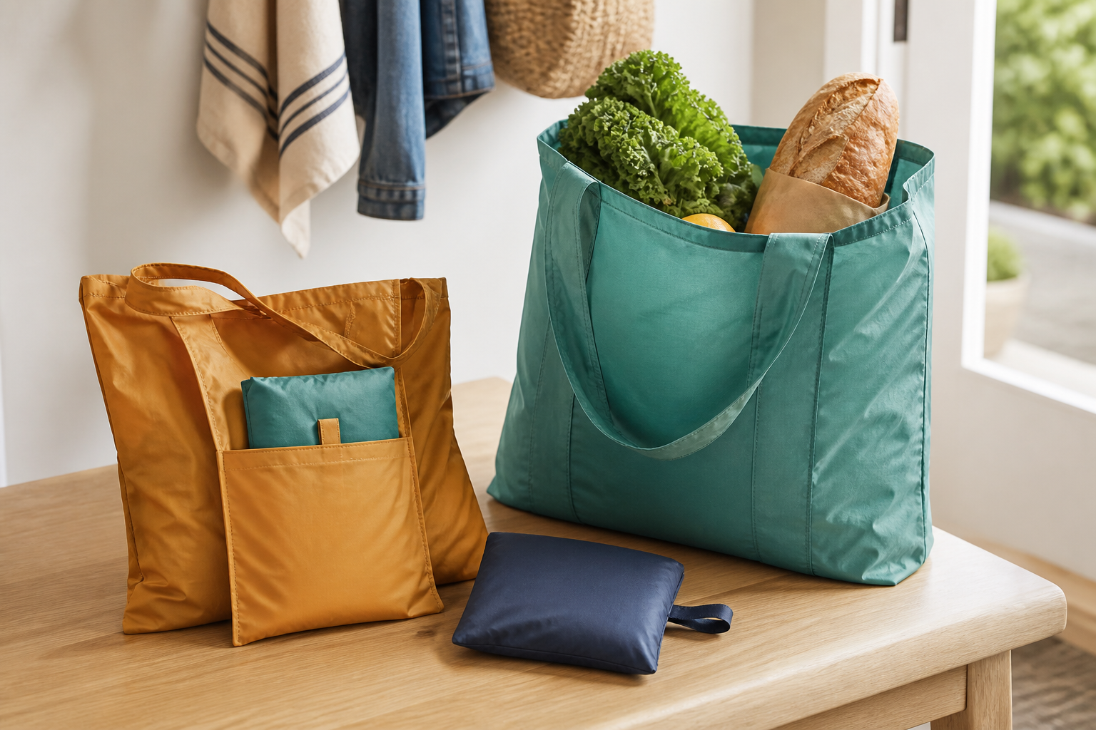 Three unbranded packable reusable tote formats: one open with groceries, one partly folded into an attached pocket, and one stored in a compact pouch