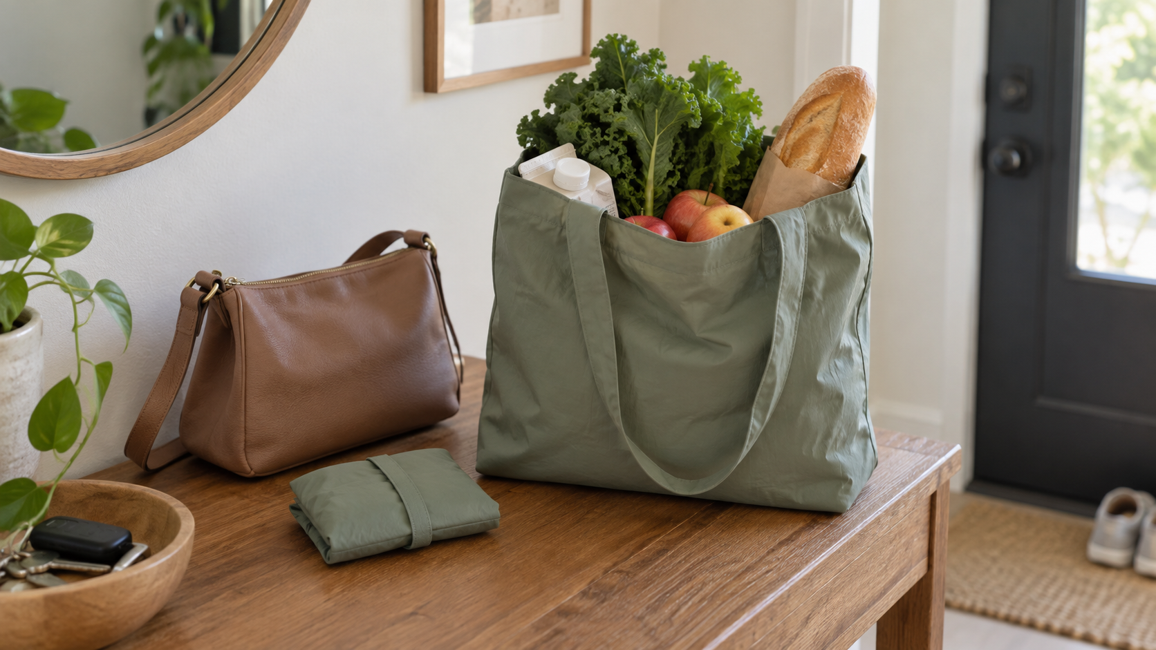 Folded sage packable tote beside an everyday shoulder bag and a matching open tote holding greens, apples, bread, and a carton near an entry door