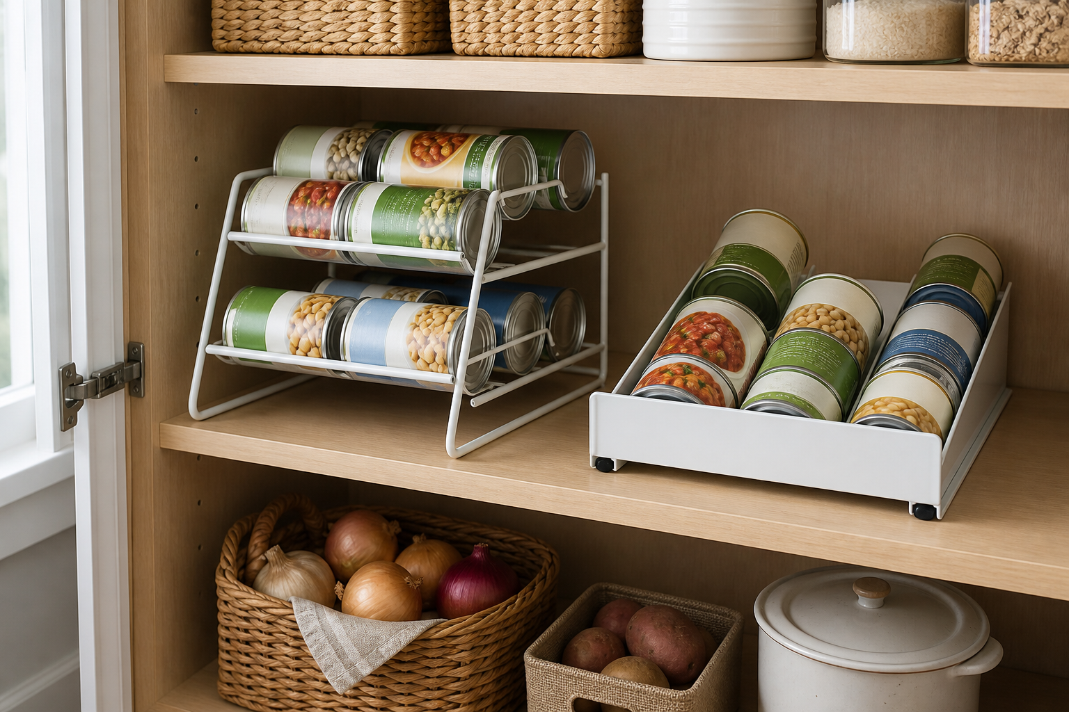 A compact tiered can rack and a gravity-feed can organizer holding canned staples on a narrow pantry shelf