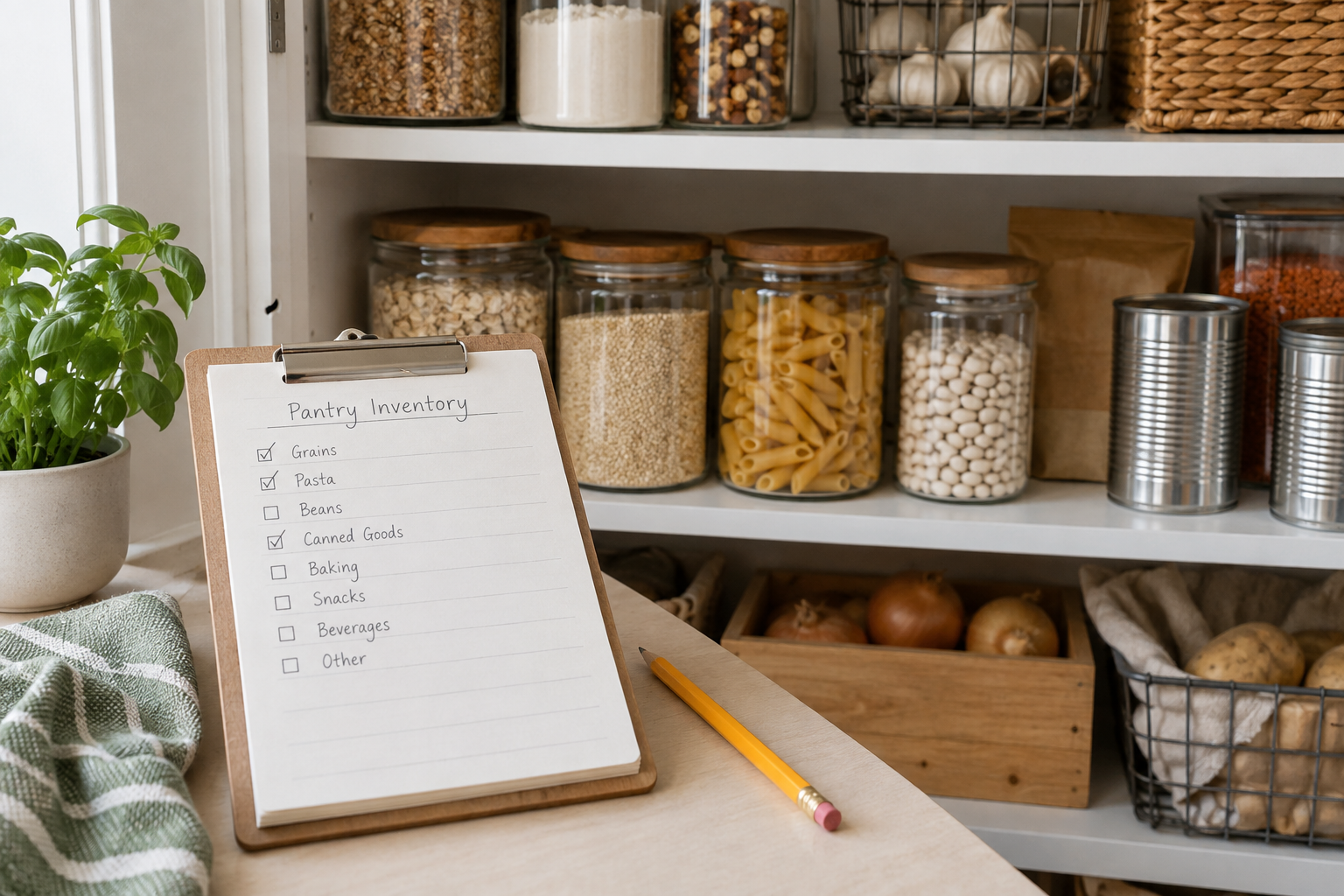 Paper pantry inventory checklist on a clipboard beside shelves of dry goods, with a pencil ready for updates